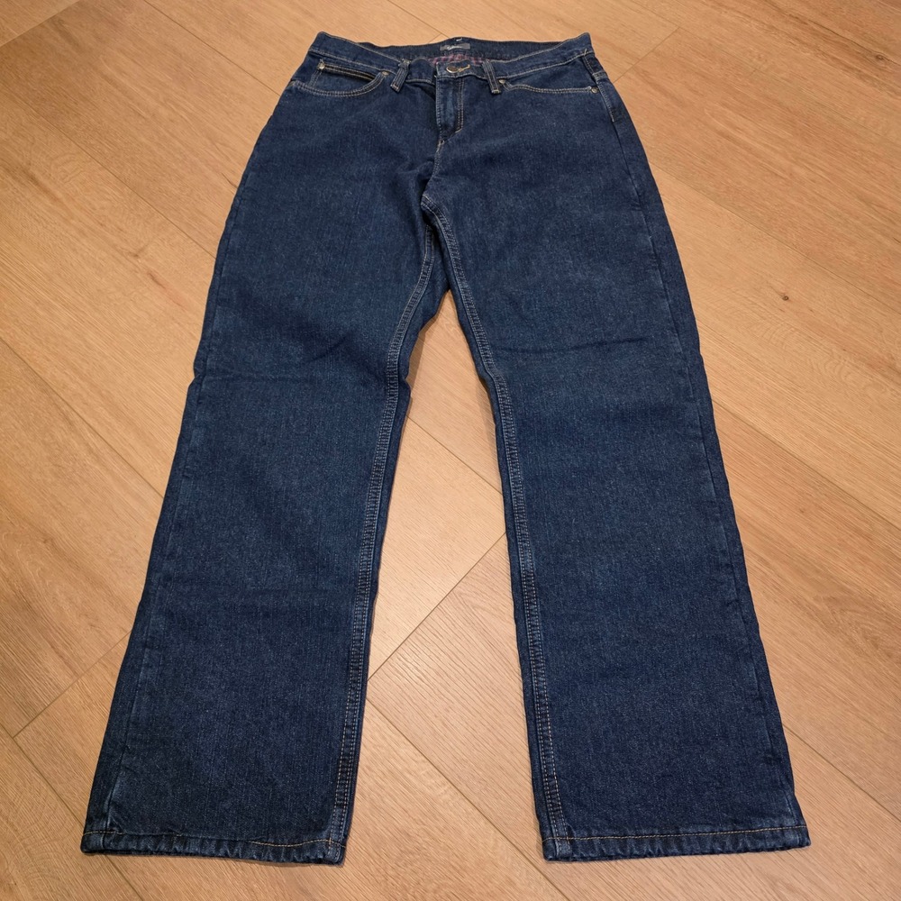 Cabelas Flannel Lined Jeans 8 Short Dark Wash Plaid Denim Straight Leg Cabin